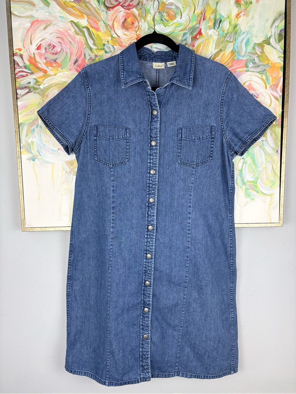 L.L. Bean Denim Shirt Dress Button Front Blue Short Sleeve Size 14 - Picture 2 of 9